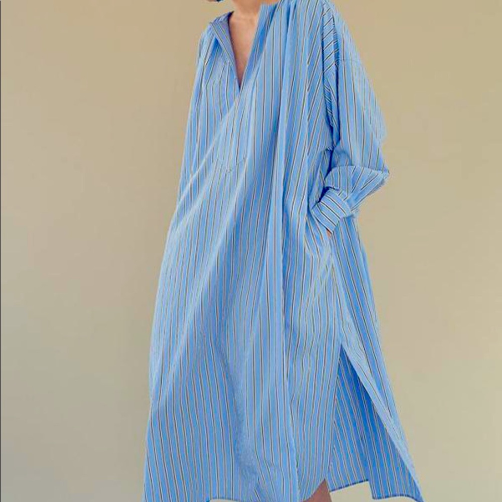 Blue Striped Split-side V-neck Midi Dress